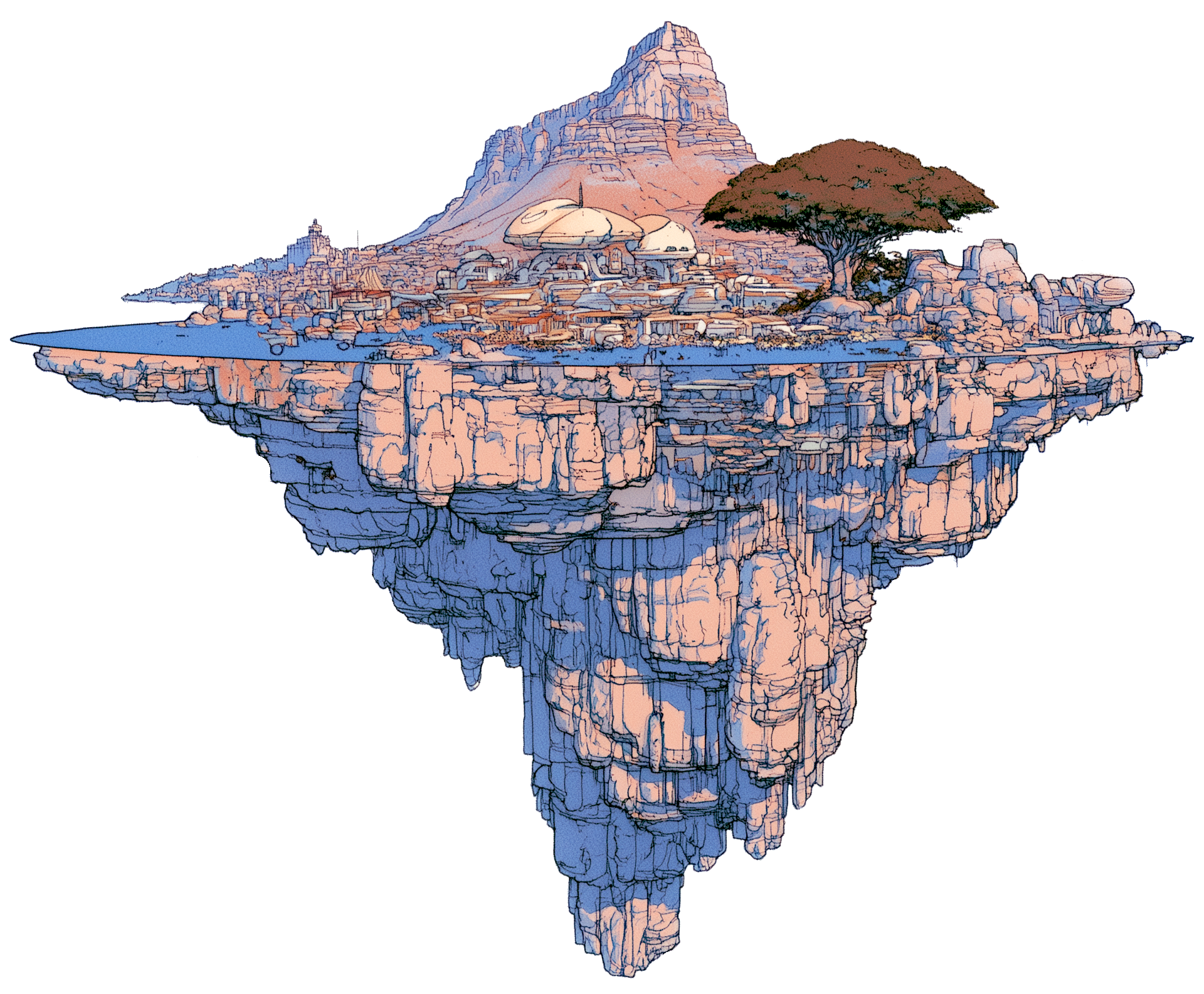 Illustration of a floating island representing Cape Town, rendered in a retro-futurist style